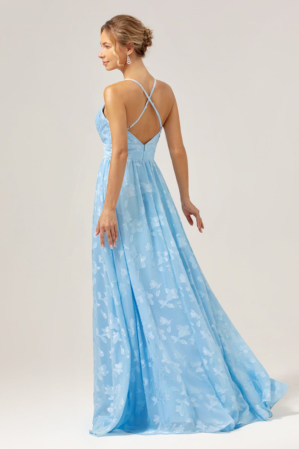 Light Blue A Line V-Neck Pleated Long Embroidered Bridesmaid Dress