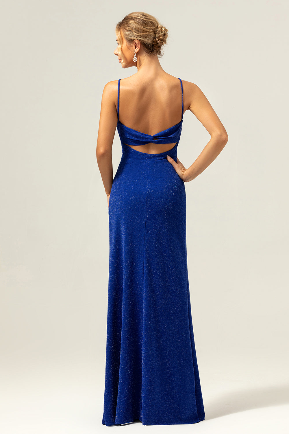 Sparkly Dark Blue Mermaid Spaghetti Straps Twist Front Long Prom Dress with Slit