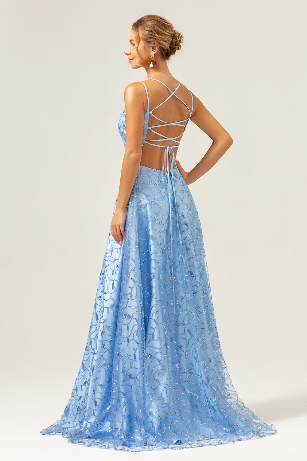 Sparkly Blue A Line Spaghetti Straps Sequins Backless Long Prom Dress with Slit