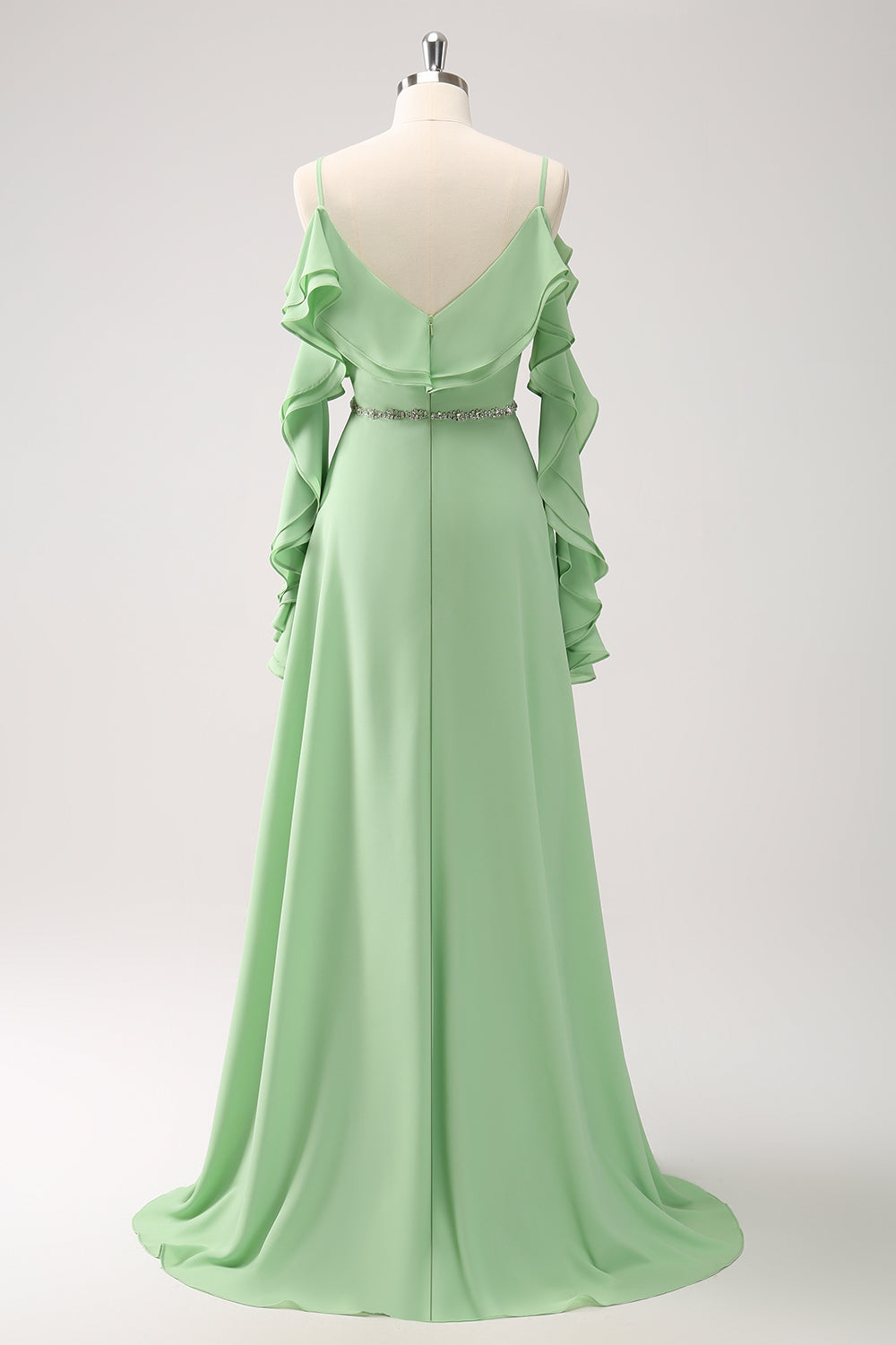 Light Green A Line Cold Shoulder Chiffon Long Bridesmaid Dress with Ruffles