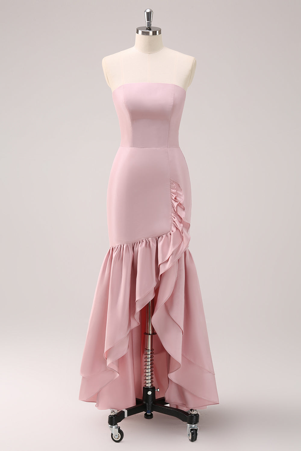 Pink Mermaid Strapless Asymmetrical Bridesmaid Dress with Ruffles