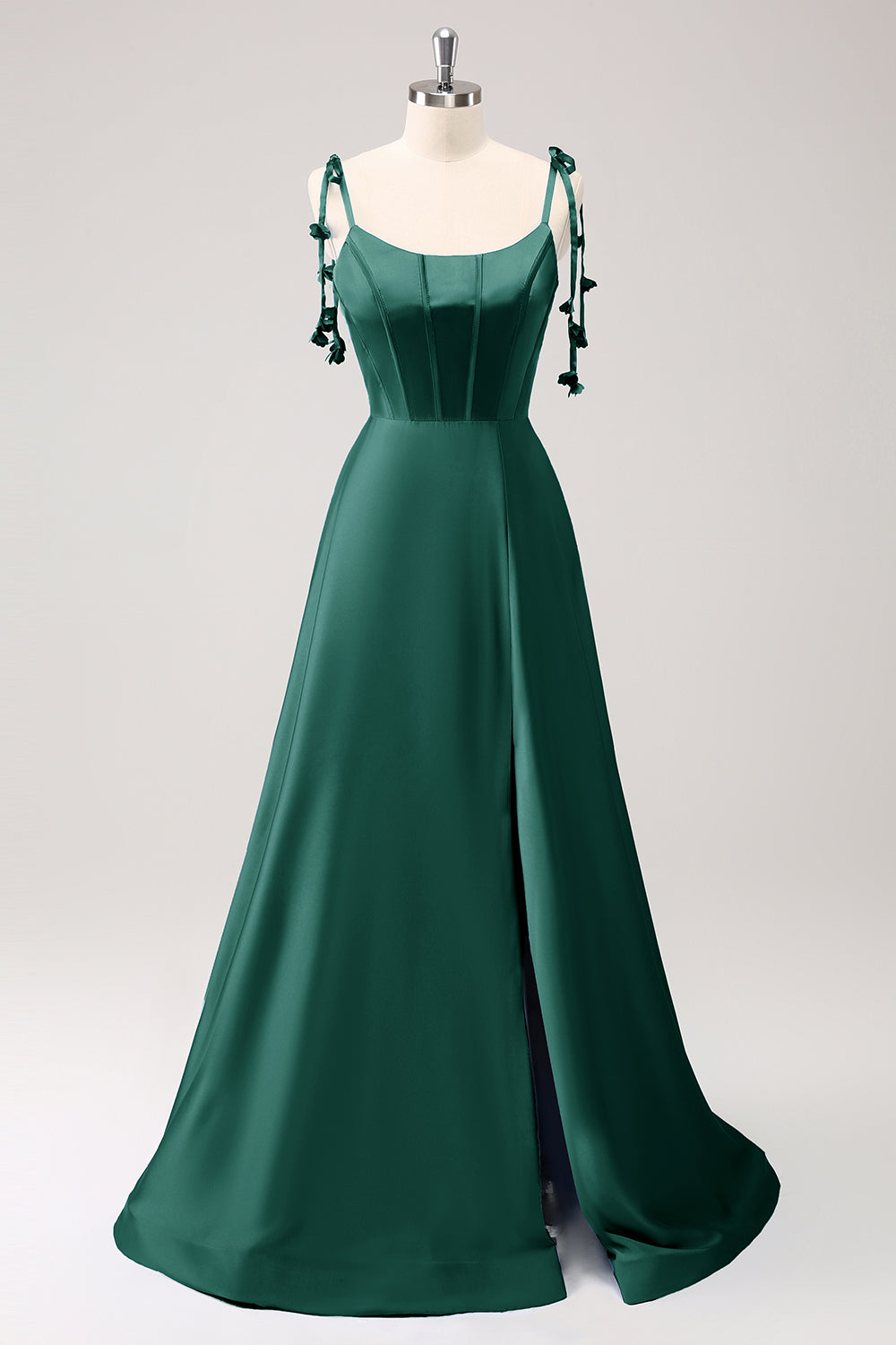 Dark Green A Line Spaghetti Straps Lace Up Back Long Bridesmaid Dress with Slit