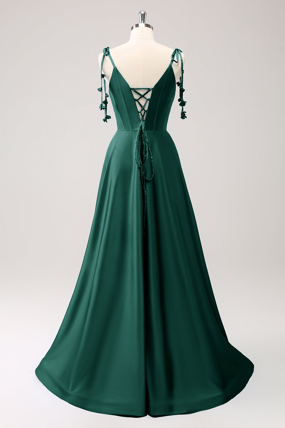 Dark Green A Line Spaghetti Straps Lace Up Back Long Bridesmaid Dress with Slit