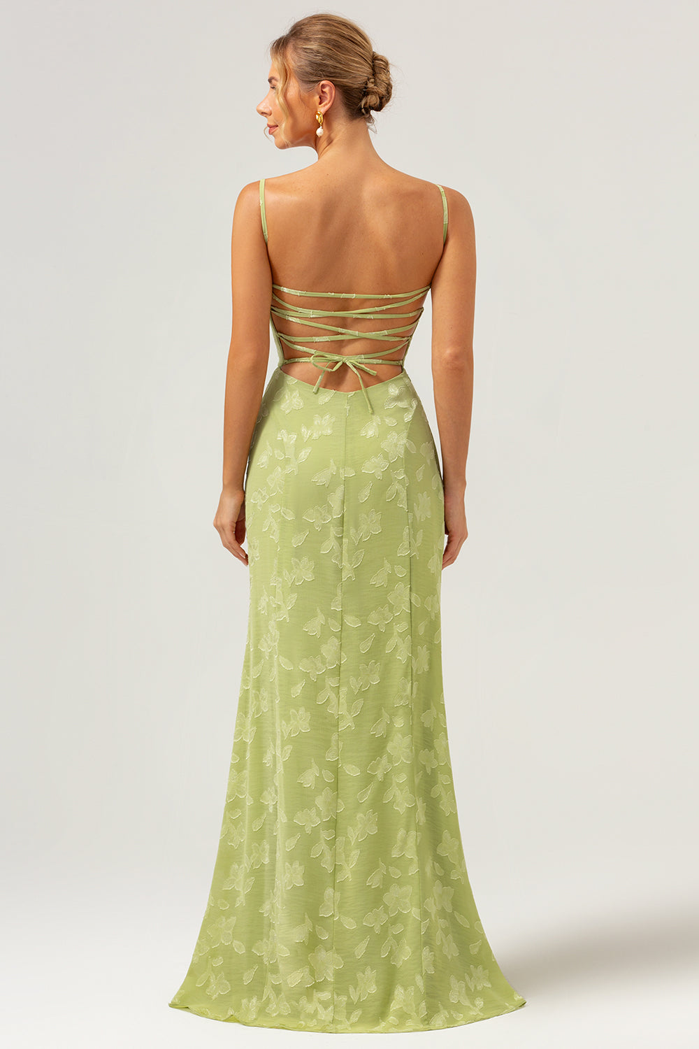 Green Mermaid Spaghetti Straps Long Bridesmaid Dress with Lace Up Back