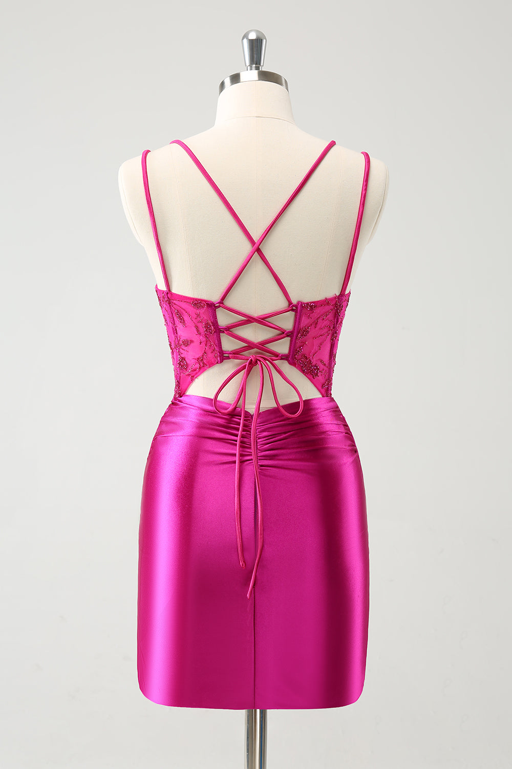 Glitter Fuchsia Rushed Corset Short Tight Homecoming Dresses with Lace Up Back