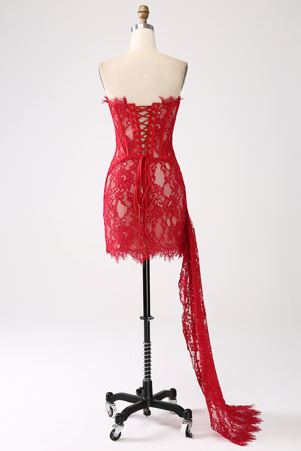 Classy Red Lace Strapless Corset Short Cocktail Dress with Lace-up Back