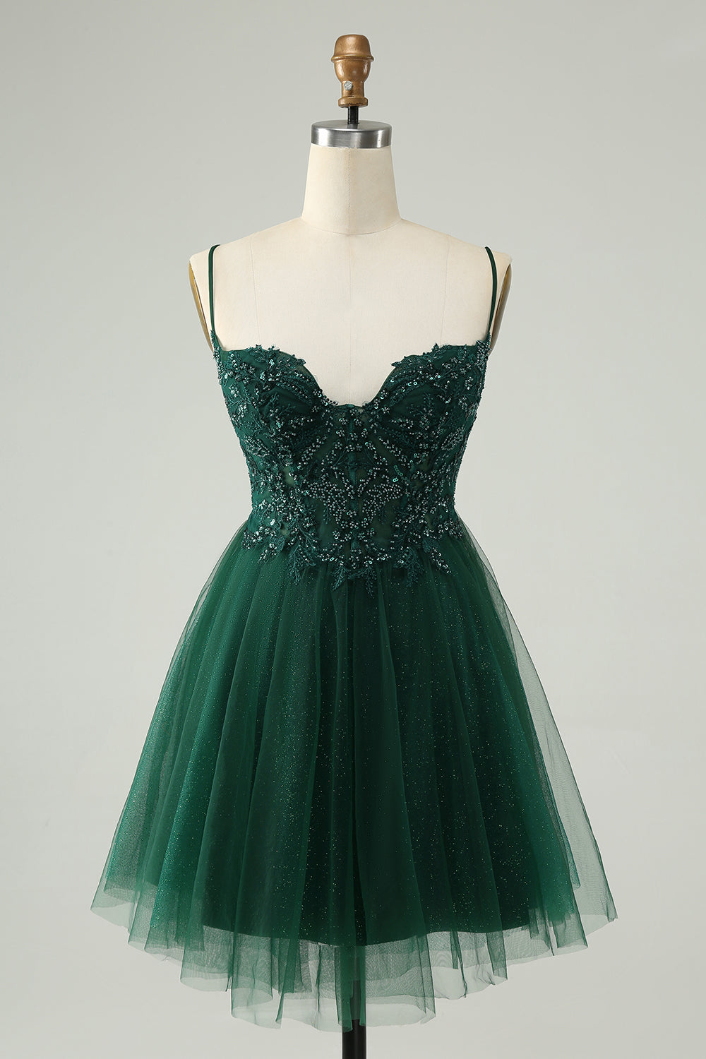 Glitter Dark Green A Line Beaded Tulle Homecoming Dress with Appliques