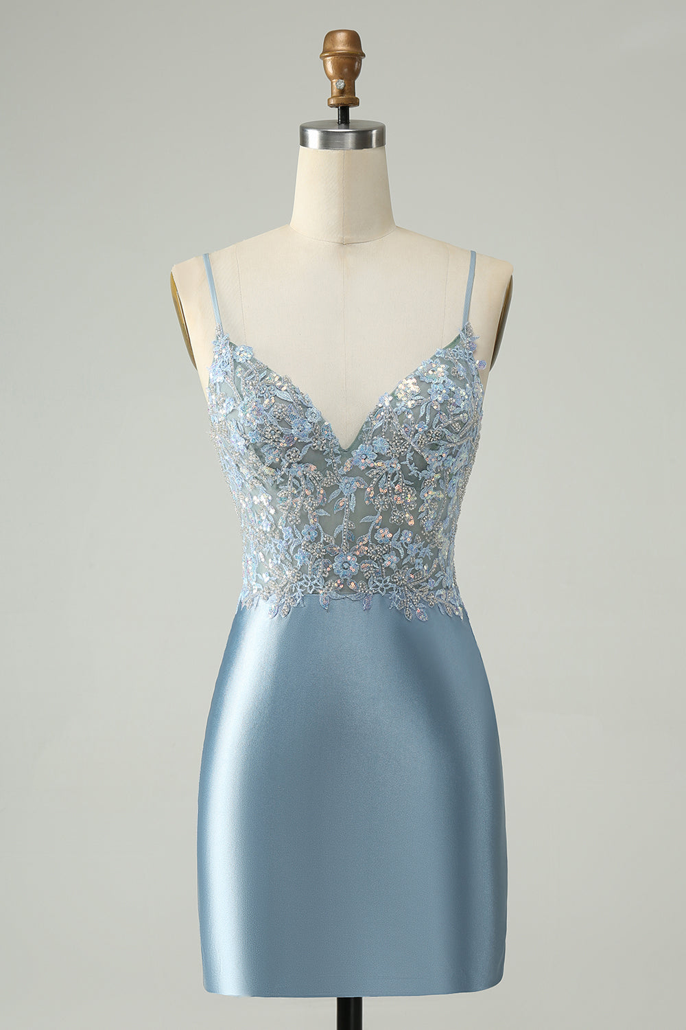 Sparkly Dusty Blue Bodycon Beaded Floral Satin Homecoming Dress