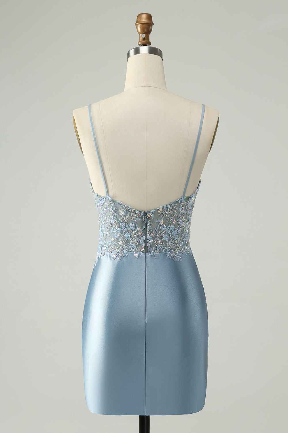 Sparkly Dusty Blue Bodycon Beaded Floral Satin Homecoming Dress