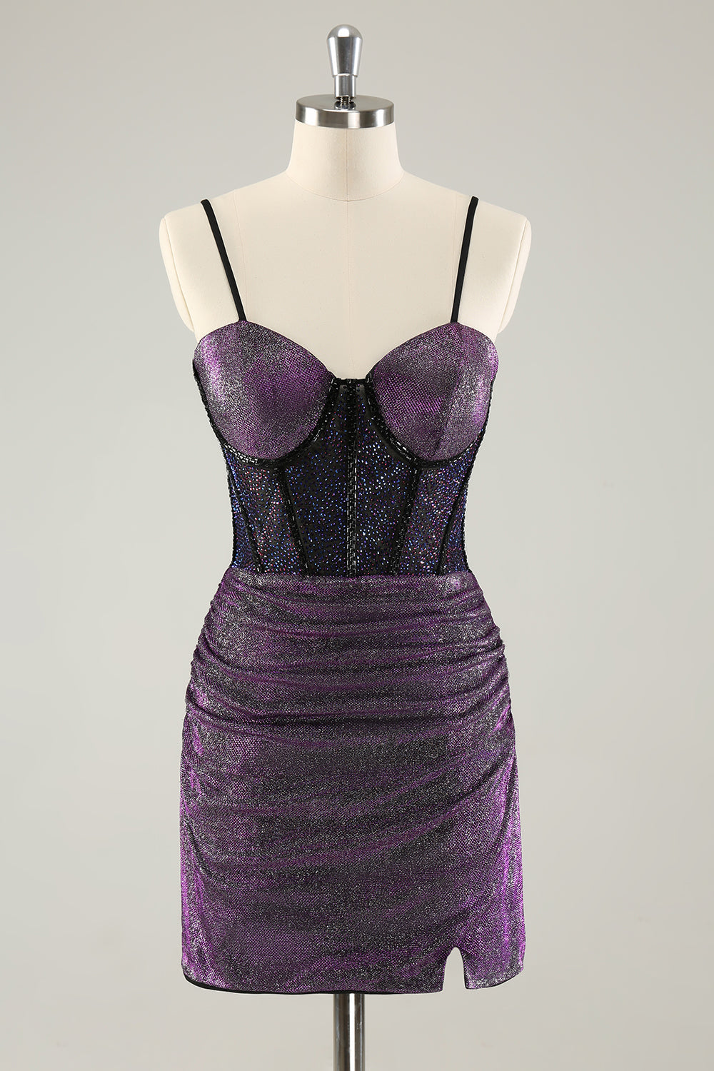 Glitter Dark Purple Pleated Corset Short Homecoming Dresses with Lace Up Back