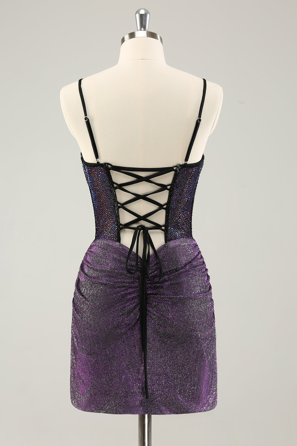 Glitter Dark Purple Pleated Corset Short Homecoming Dresses with Lace Up Back