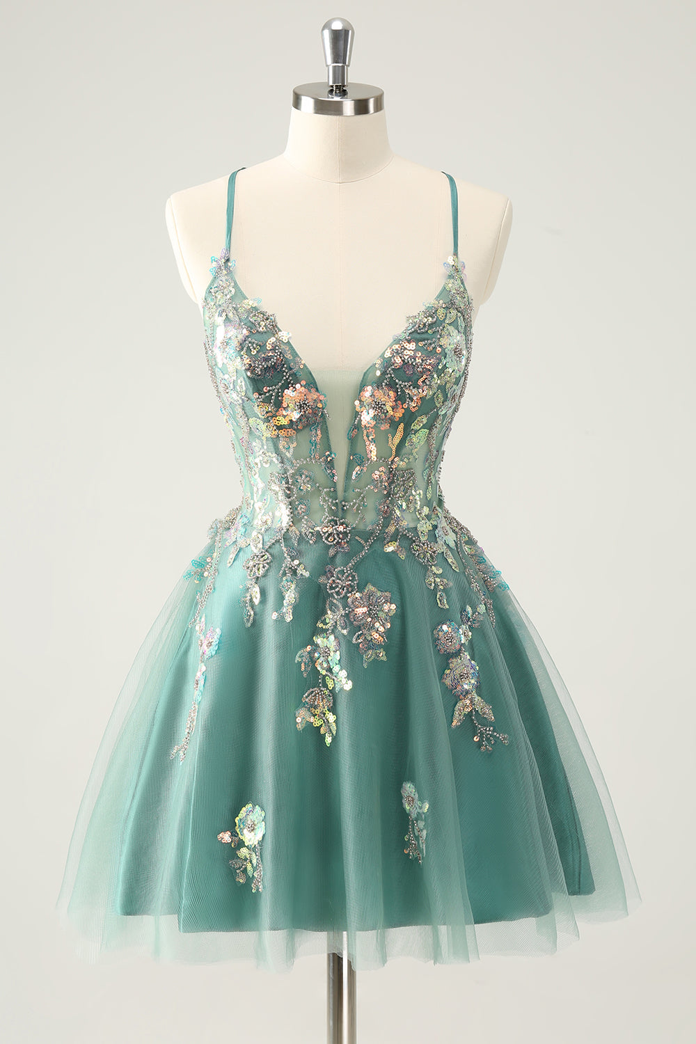 Glitter Grey Green A Line Spaghetti Straps Sequins Homecoming Dresses with Appliques