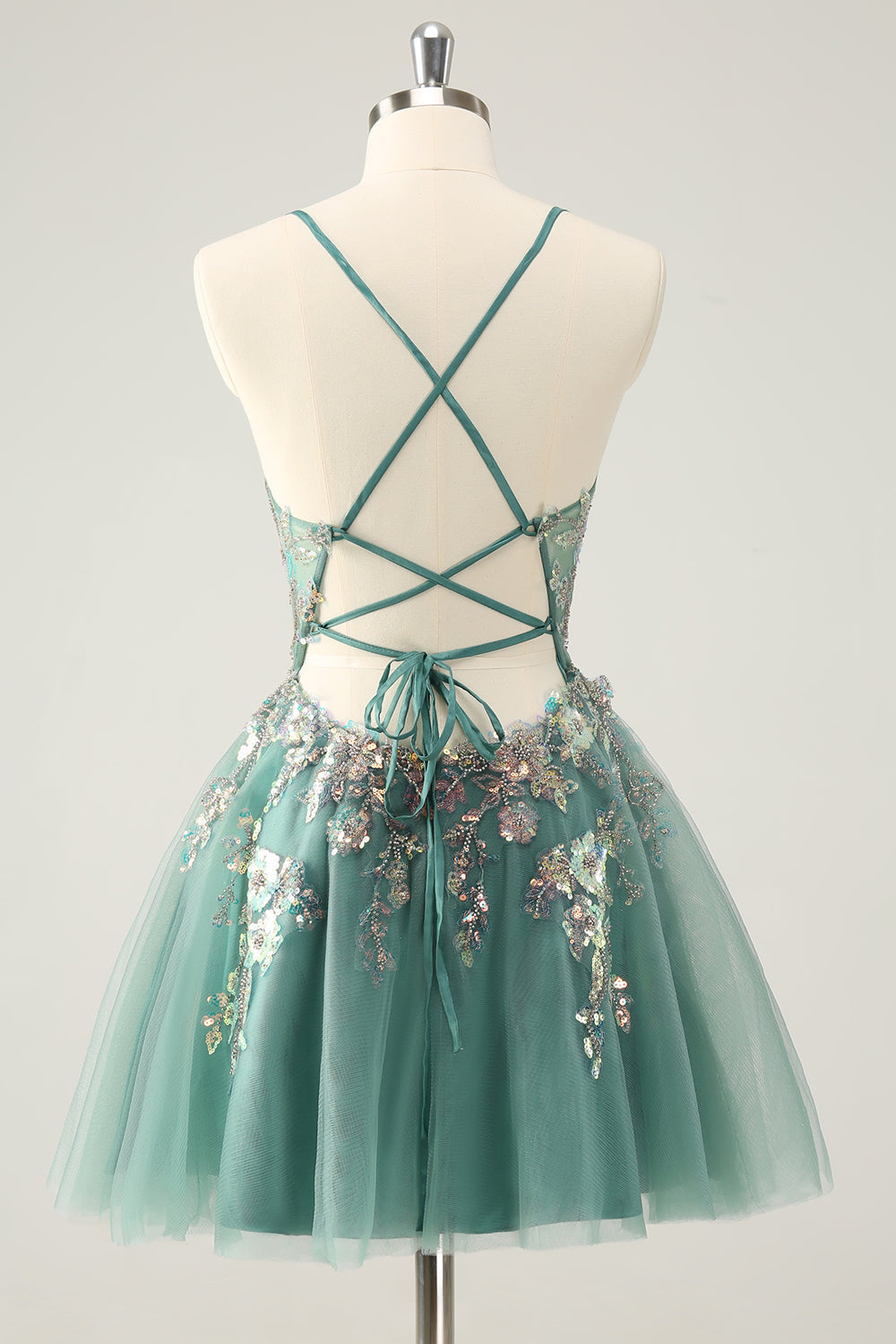 Glitter Grey Green A Line Spaghetti Straps Sequins Homecoming Dresses with Appliques