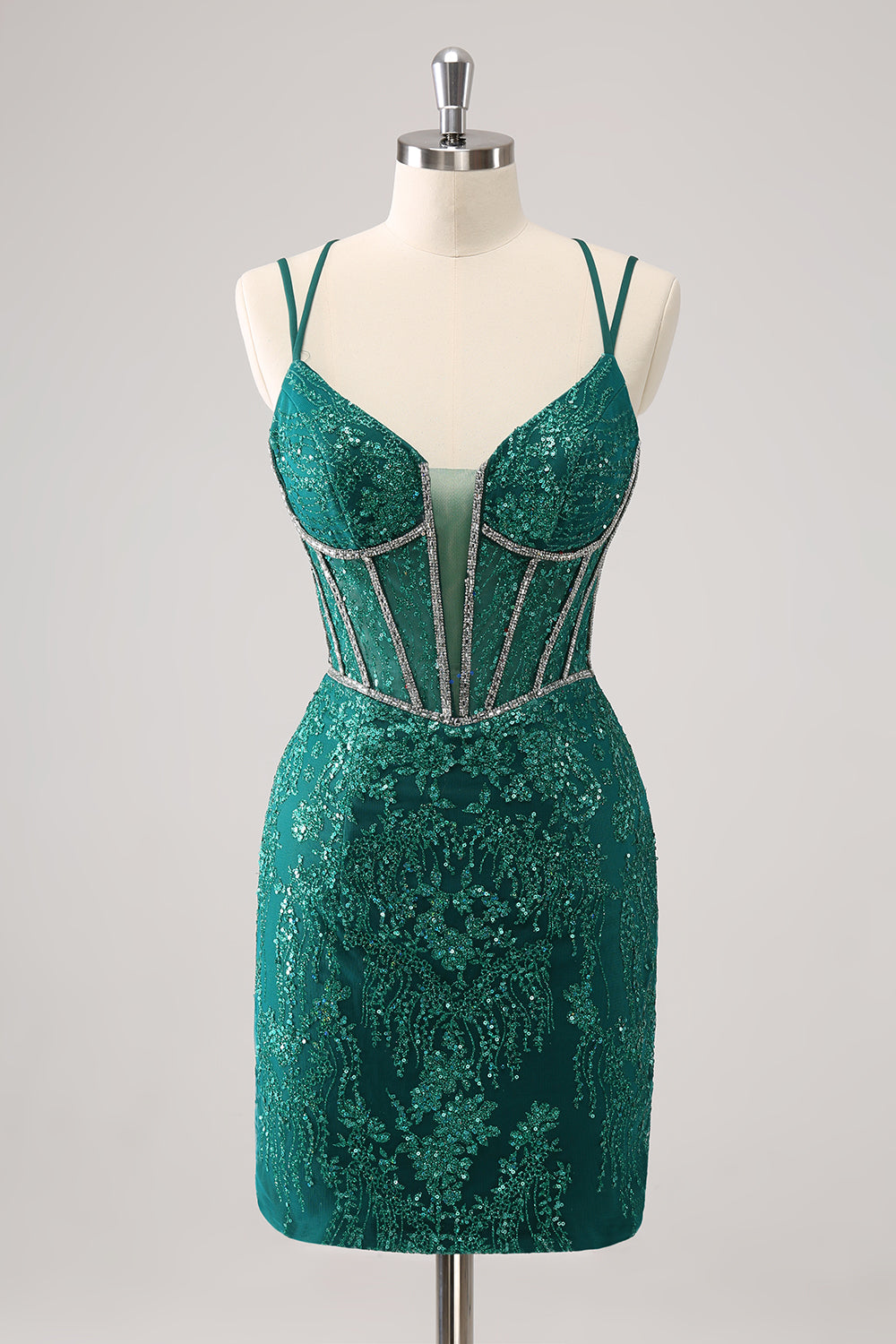 Glitter Dark Green Corset Spaghetti Straps Short Tight Homecoming Dresses