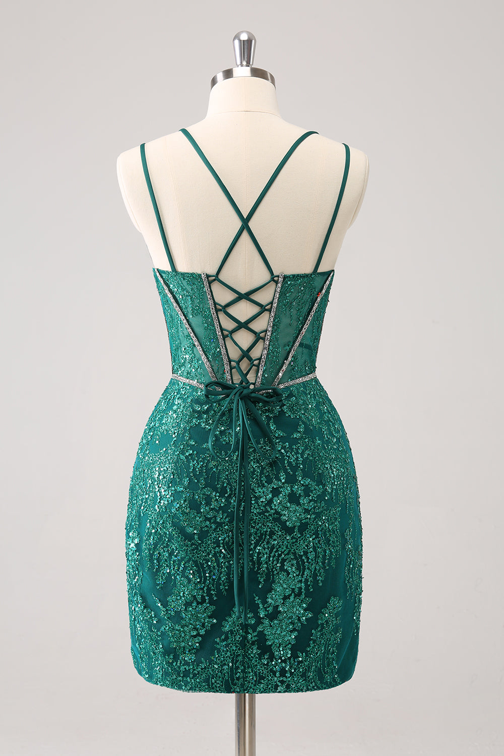 Glitter Dark Green Corset Spaghetti Straps Short Tight Homecoming Dresses