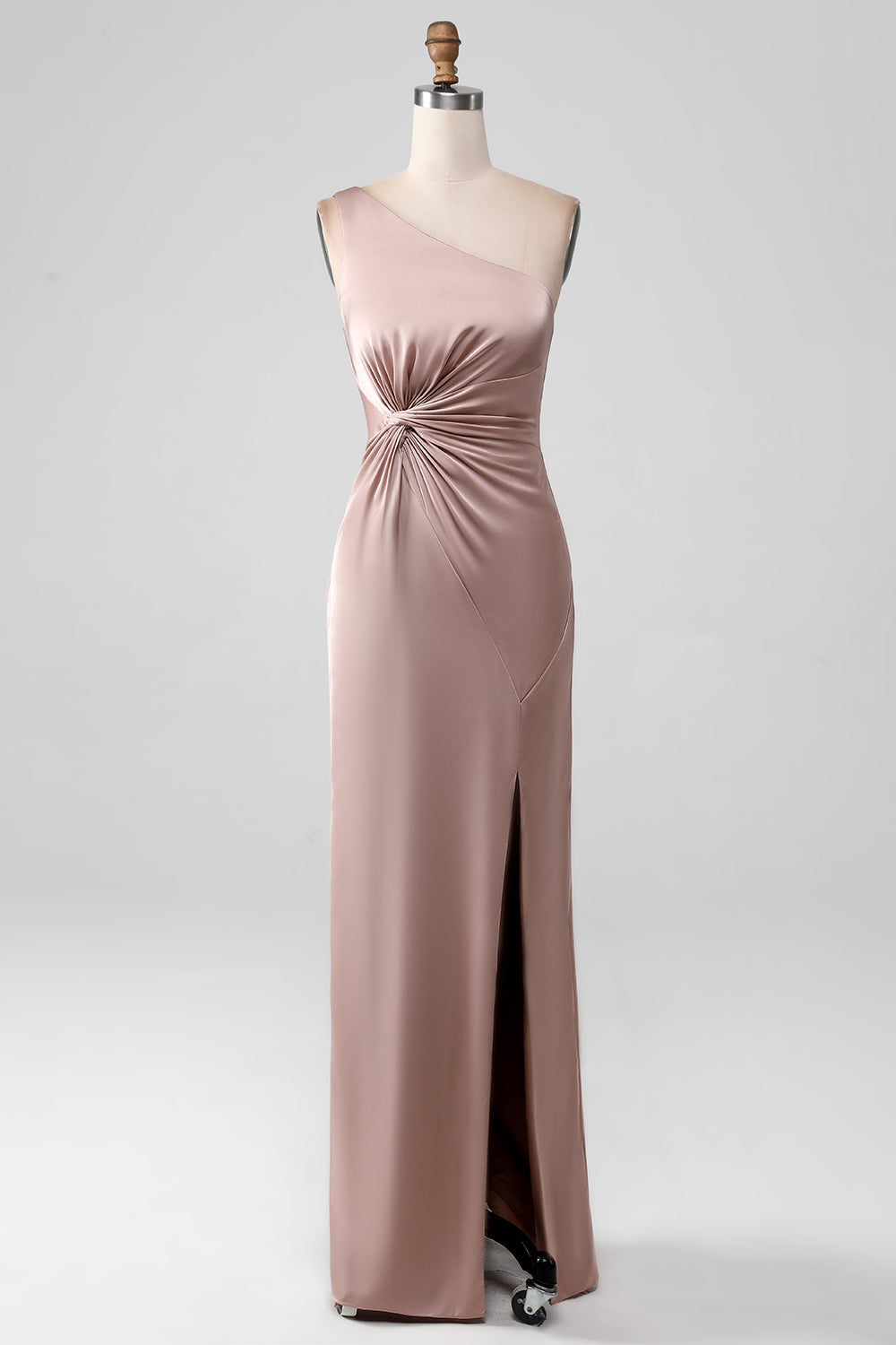 Dusty Rose Mermaid One Shoulder Pleated Satin Bridesmaid Dress With Slit