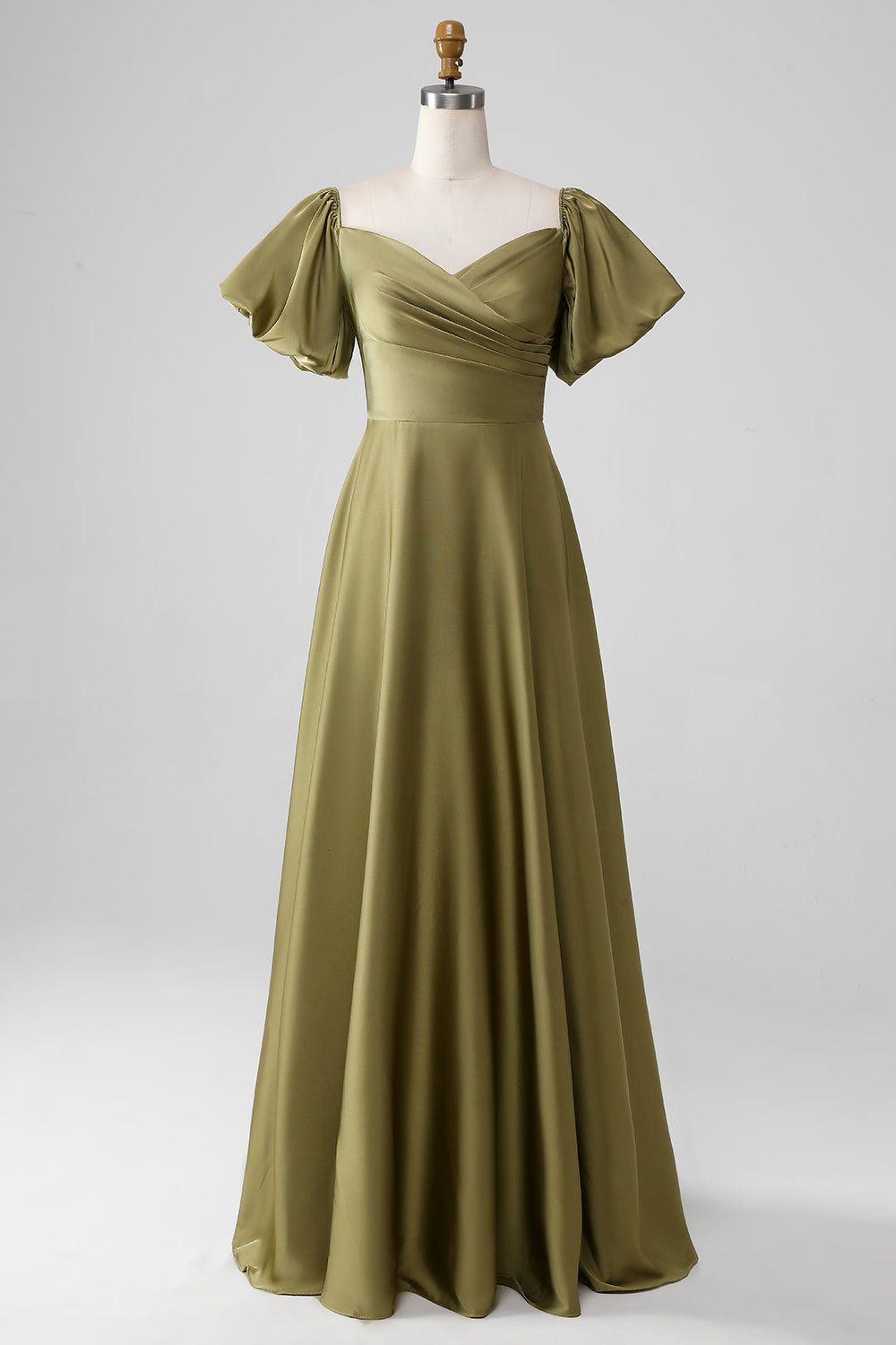 Olive A-Line Off The Shoulder Long Bridesmaid Dress with Short Sleeves