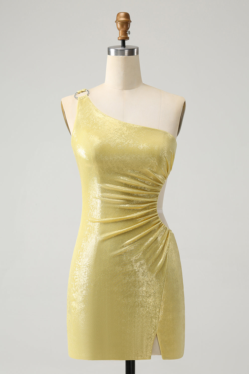 Sparkly Yellow Bodycon One Shoulder Hollow Out Pleated Metallic Homecoming Dress