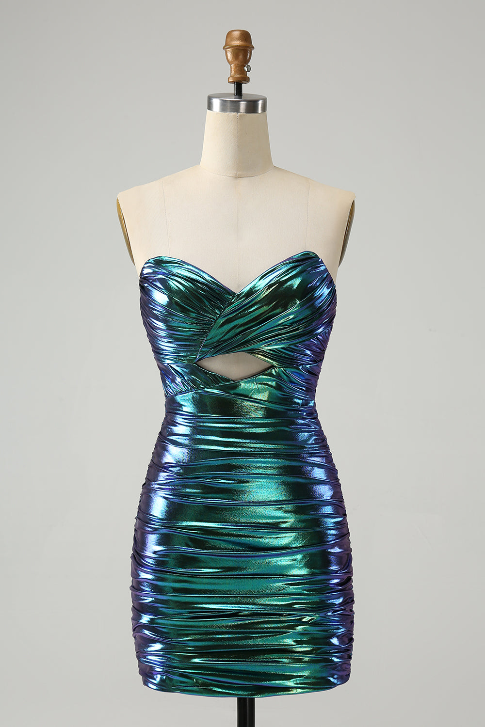 Chic Teal Blue Strapless Keyhole Pleated Tight Metallic Homecoming Dress