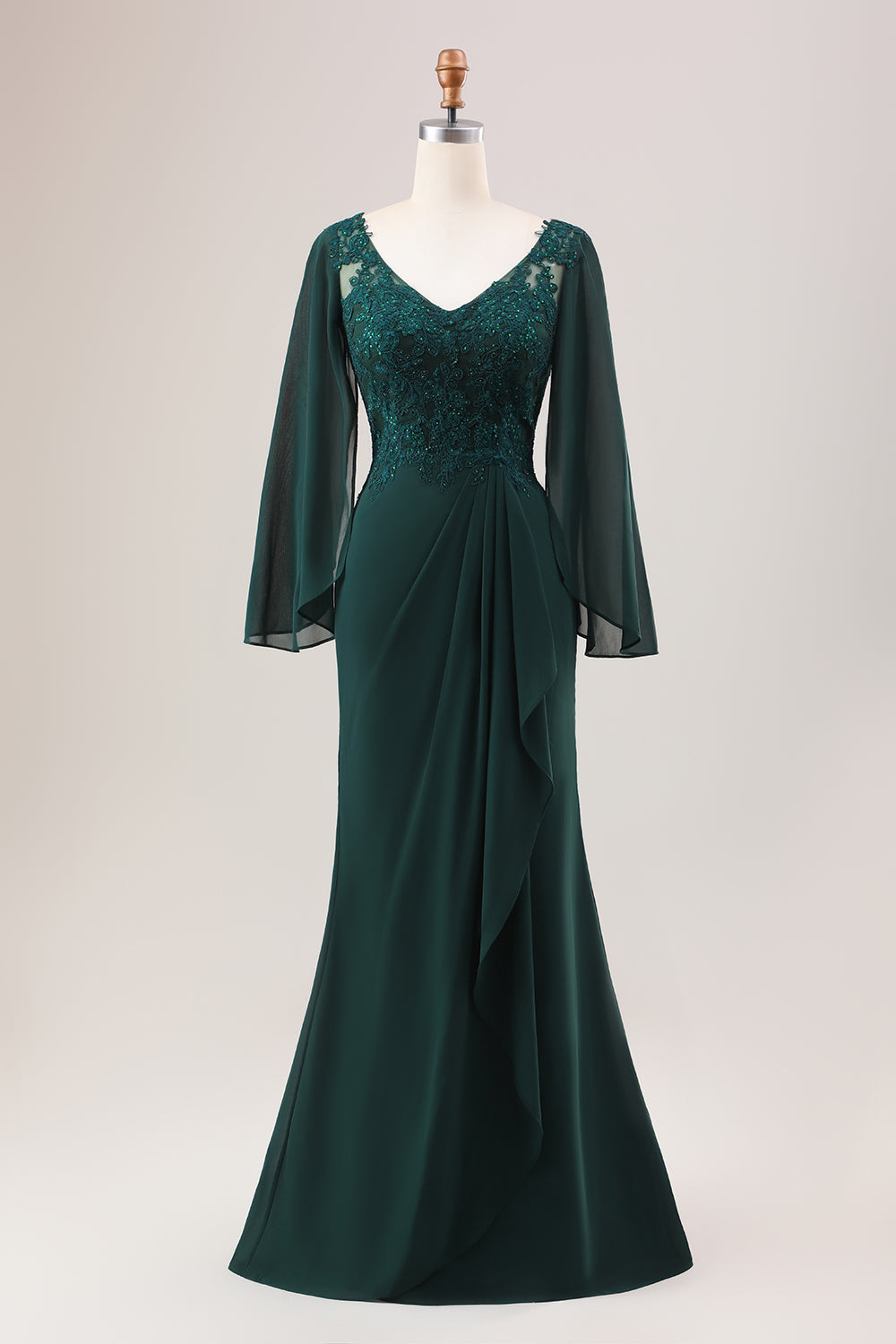 Dark Green Mermaid V Neck Beaded Mother of the Bride Dress With Long Sleeves