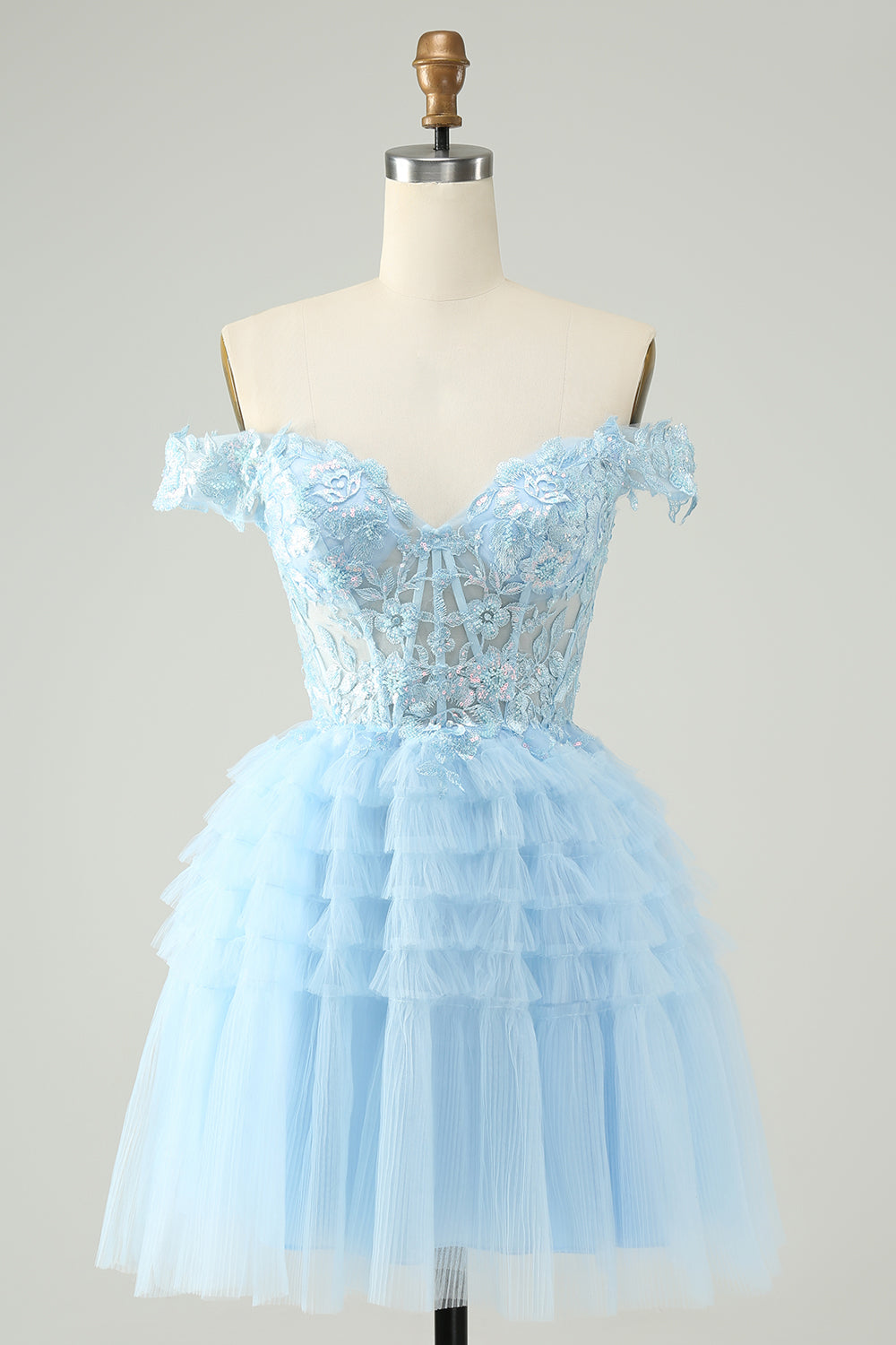 Light Blue A Line Off The Shoulder Corset Short Homecoming Dress with Sequins