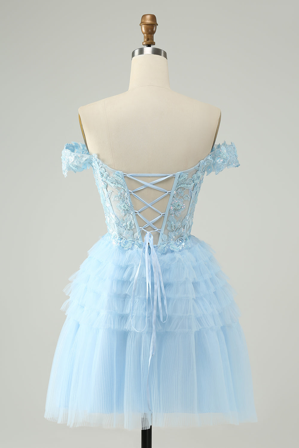 Light Blue A Line Off The Shoulder Corset Short Homecoming Dress with Sequins