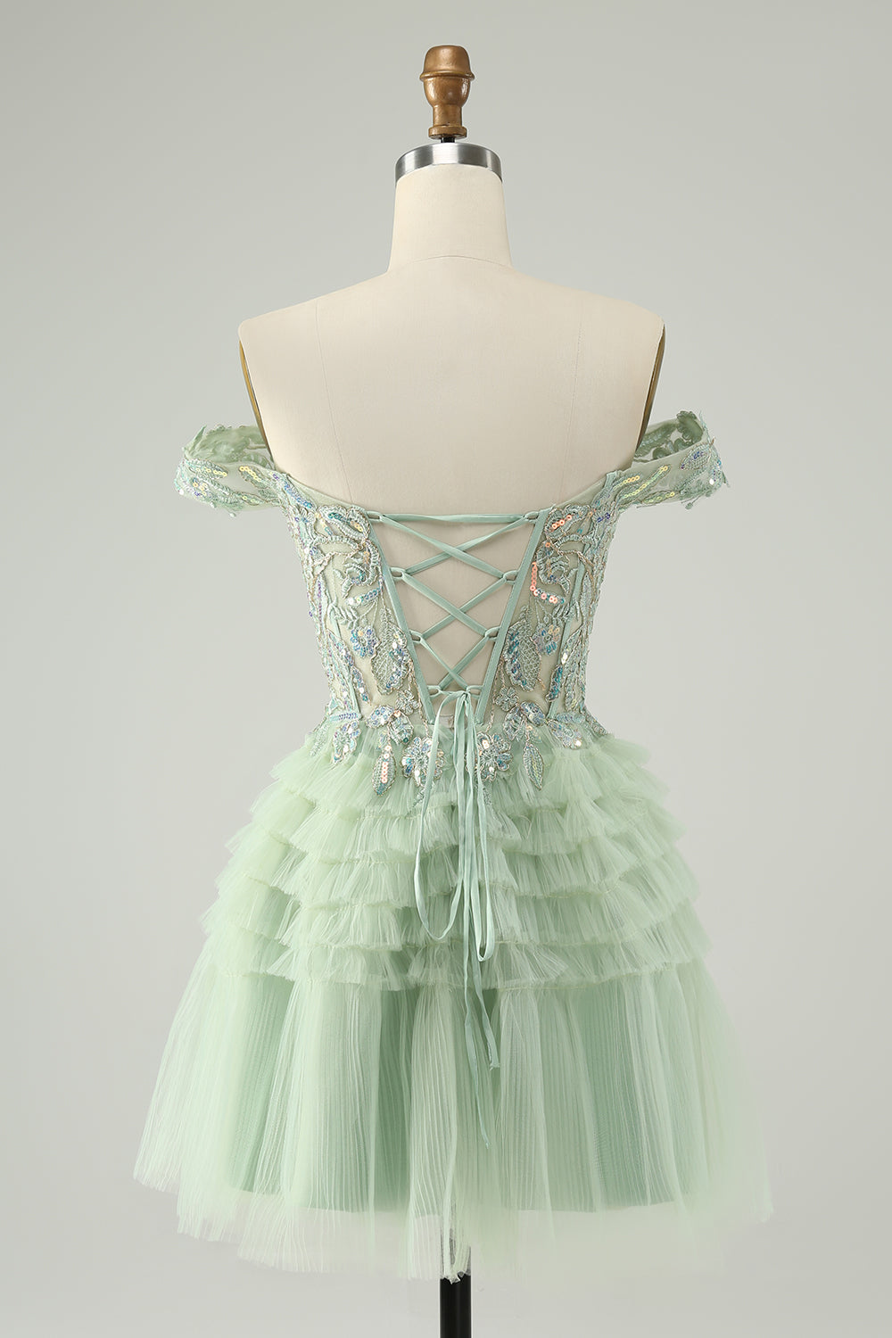 Sparkly Light Green A Line Off The Shoulder Corset Tulle Homecoming Dress with Sequins