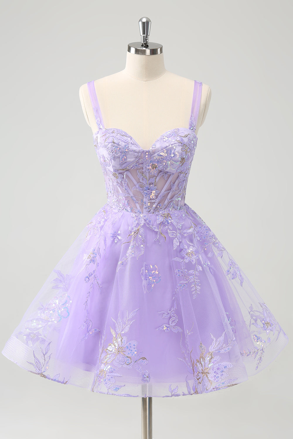 Sparkly Lilac A Line Spaghetti Straps Sequins Corset Short Appliqued Homecoming Dress