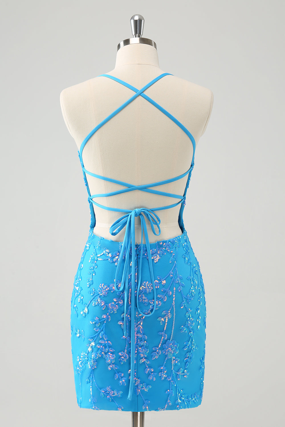 Sparkly Sky Blue Tight Short Sequin Homecoming Dress with Lace-Up Back