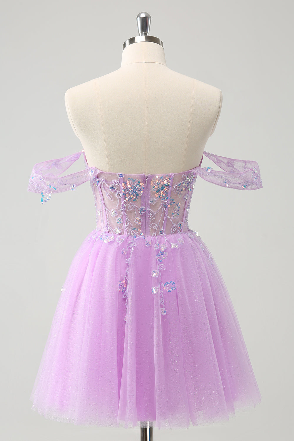 Sparkly Lilac A Line Off the Shoulder Corset Sequin Short Homecoming Dress