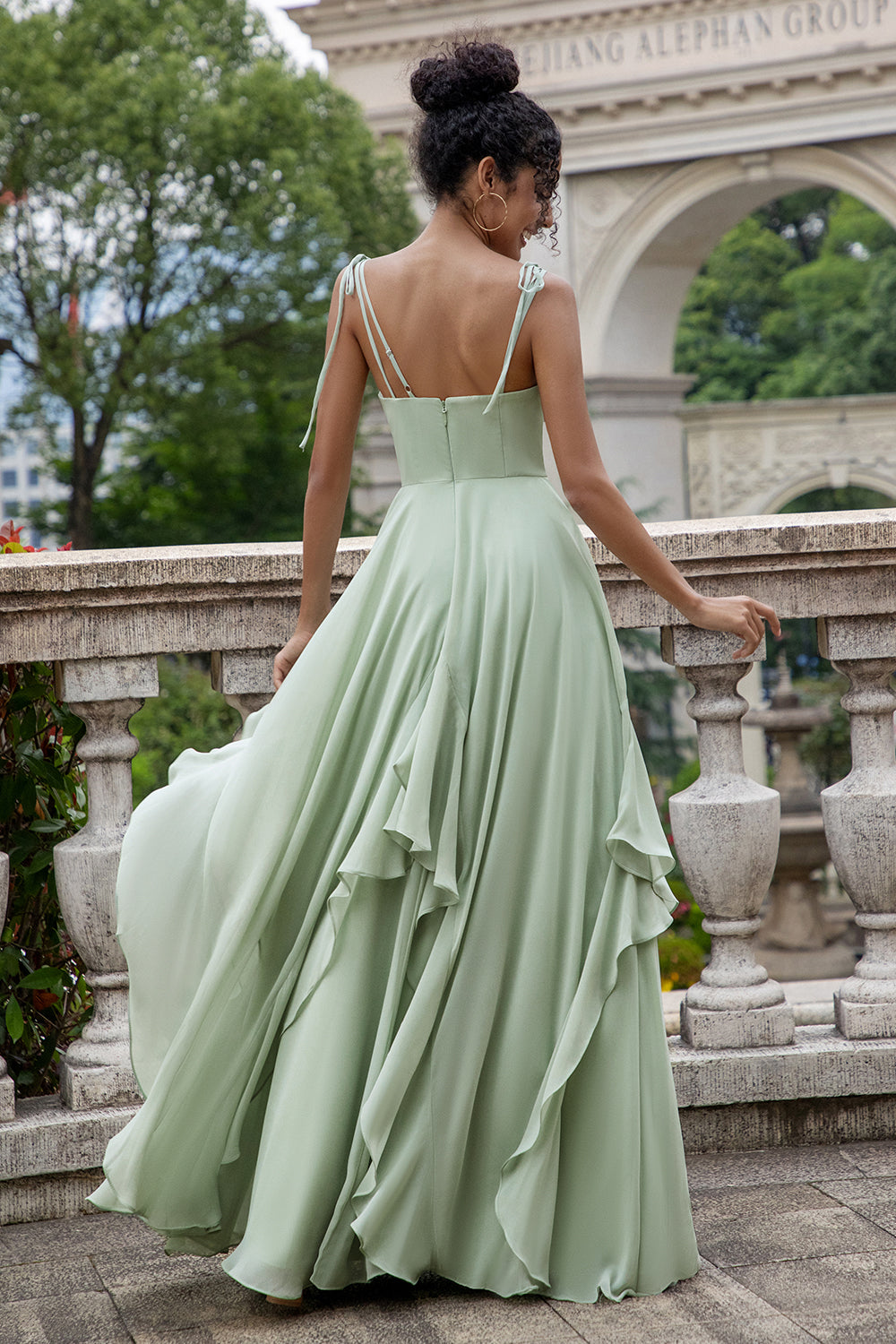 A Line Spaghetti Straps Chiffon Matcha Long Bridesmaid Dress with Ruffles