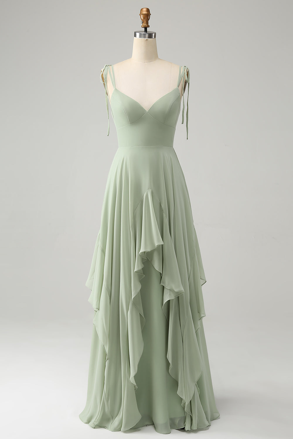 Elegant Matcha A Line Spaghetti Straps Chiffon Long Bridesmaid Dress with Ruffles