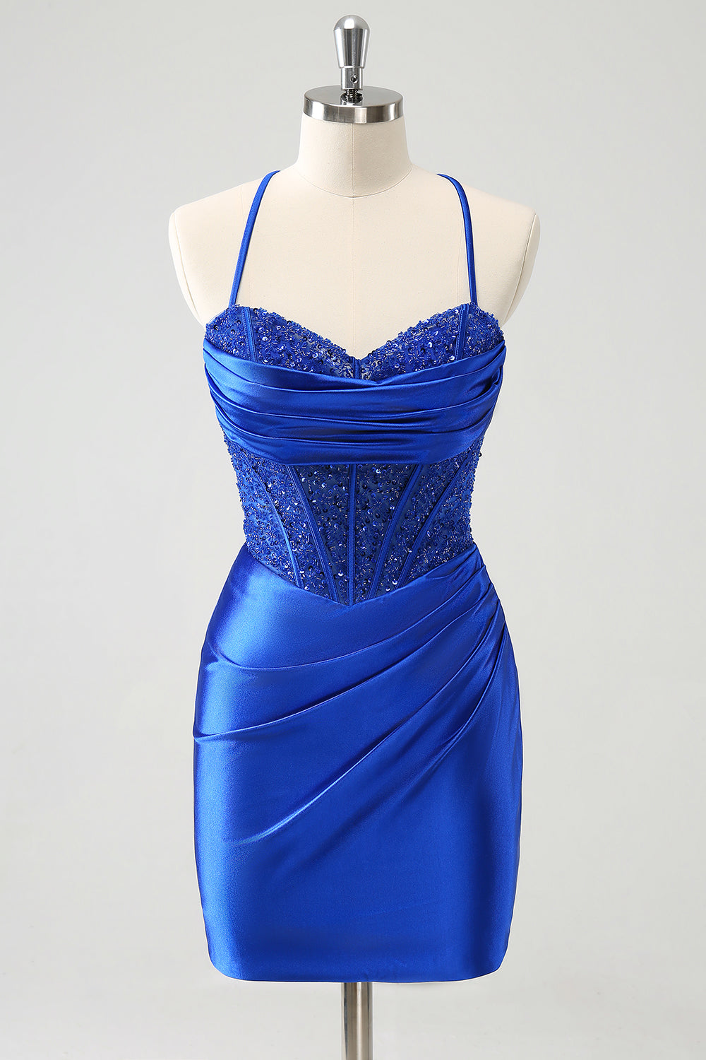 Sparkly Royal Blue Sequin Pleated Tight Corset Short Homecoming Dress