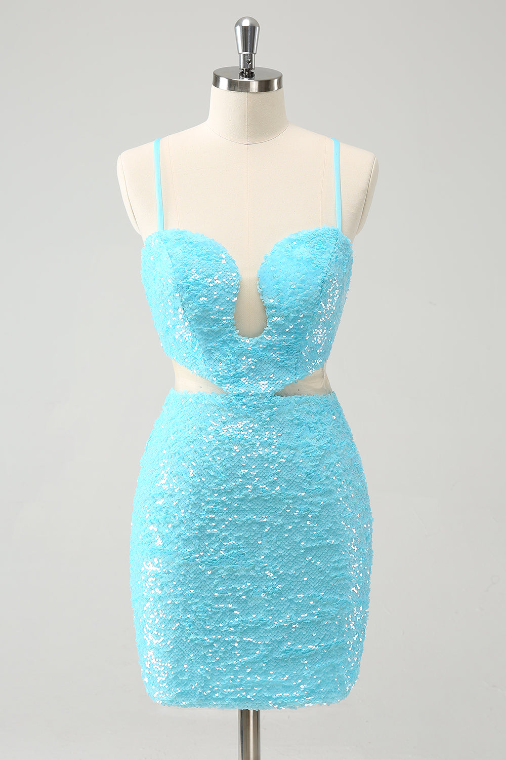 Sparkly Light Blue Spaghetti straps Sequins Tight Homecoming Dress