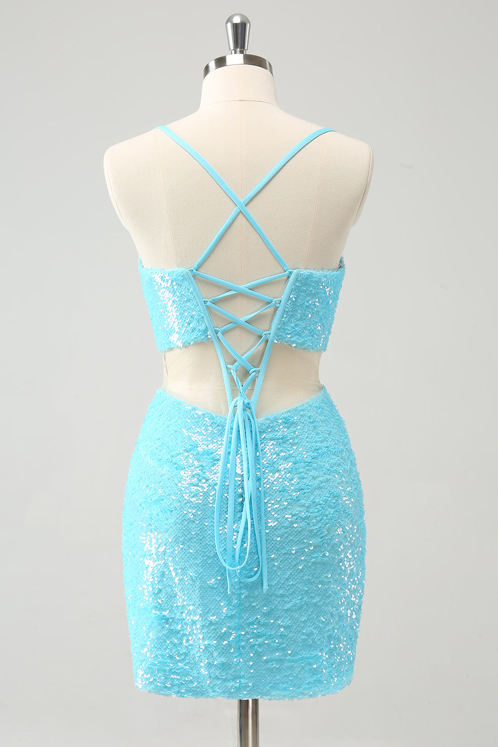 Sparkly Light Blue Spaghetti straps Sequins Tight Homecoming Dress