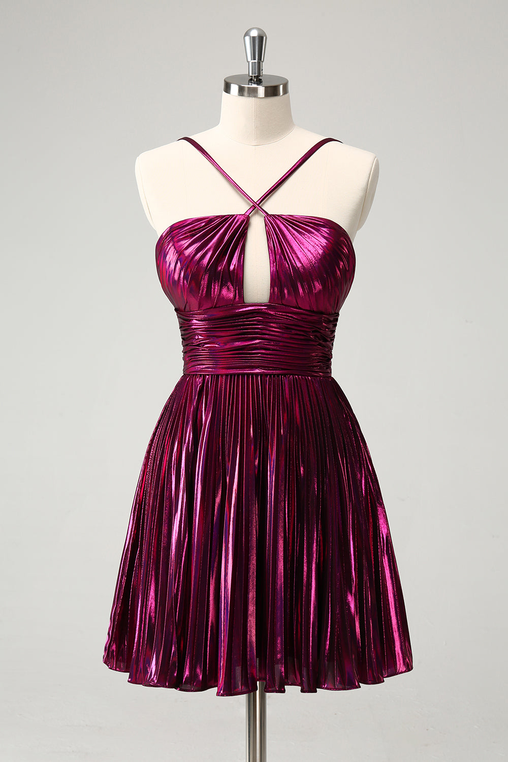 Purple A Line Pleated Hollow Out Short Metallic Homecoming Dress