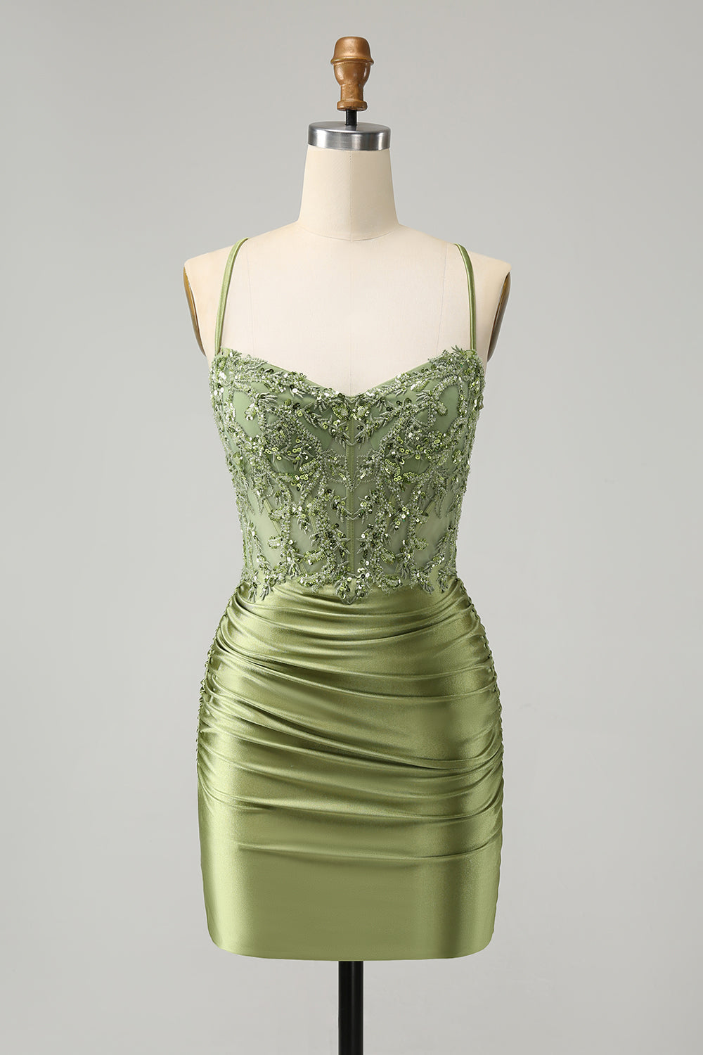 Sparkly Light Green Spaghetti Straps Sequins Corset Homecoming Dress