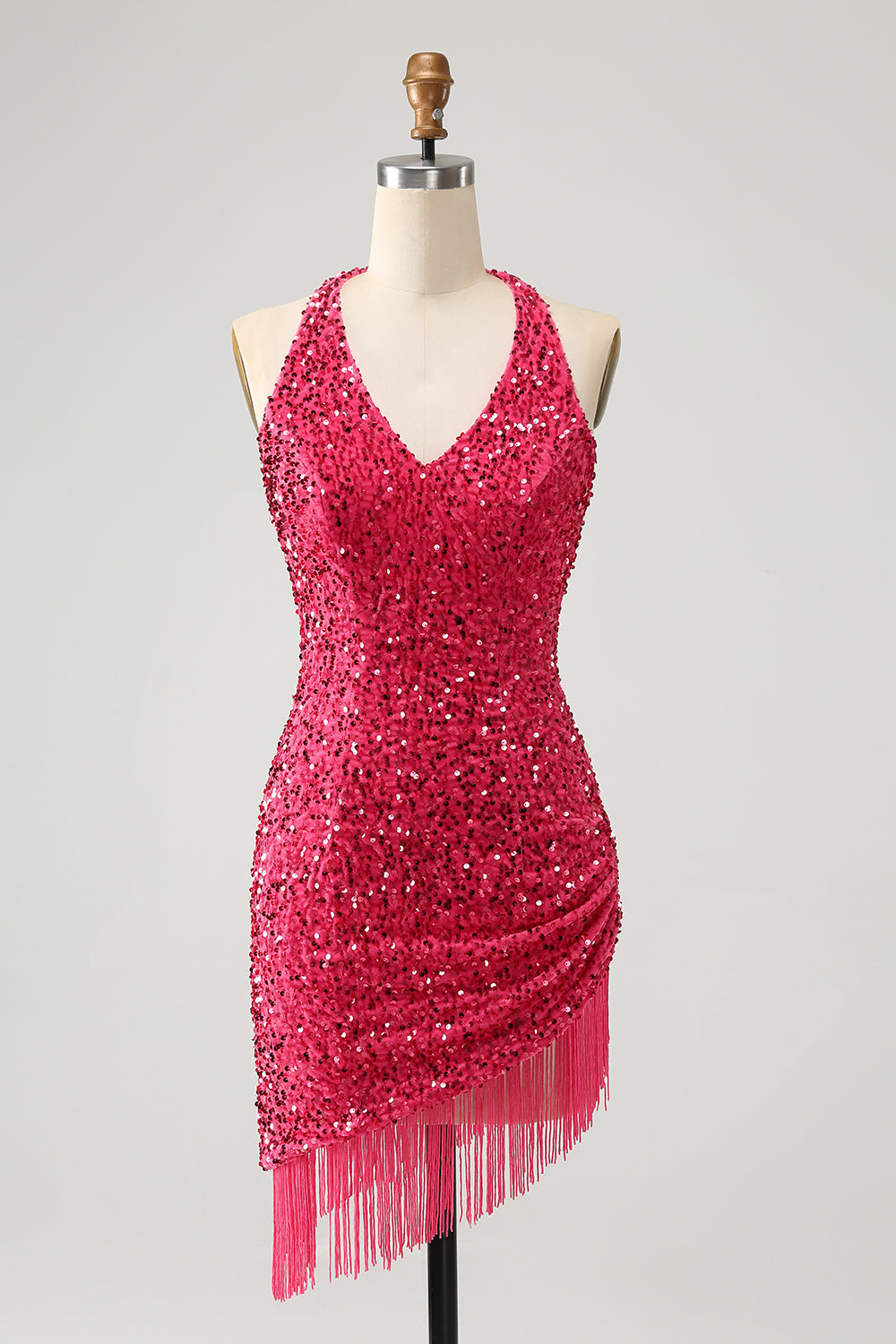 Sparkly Fuchsia Bodycon Halter Sequin Short Homecoming Dress with Tassels