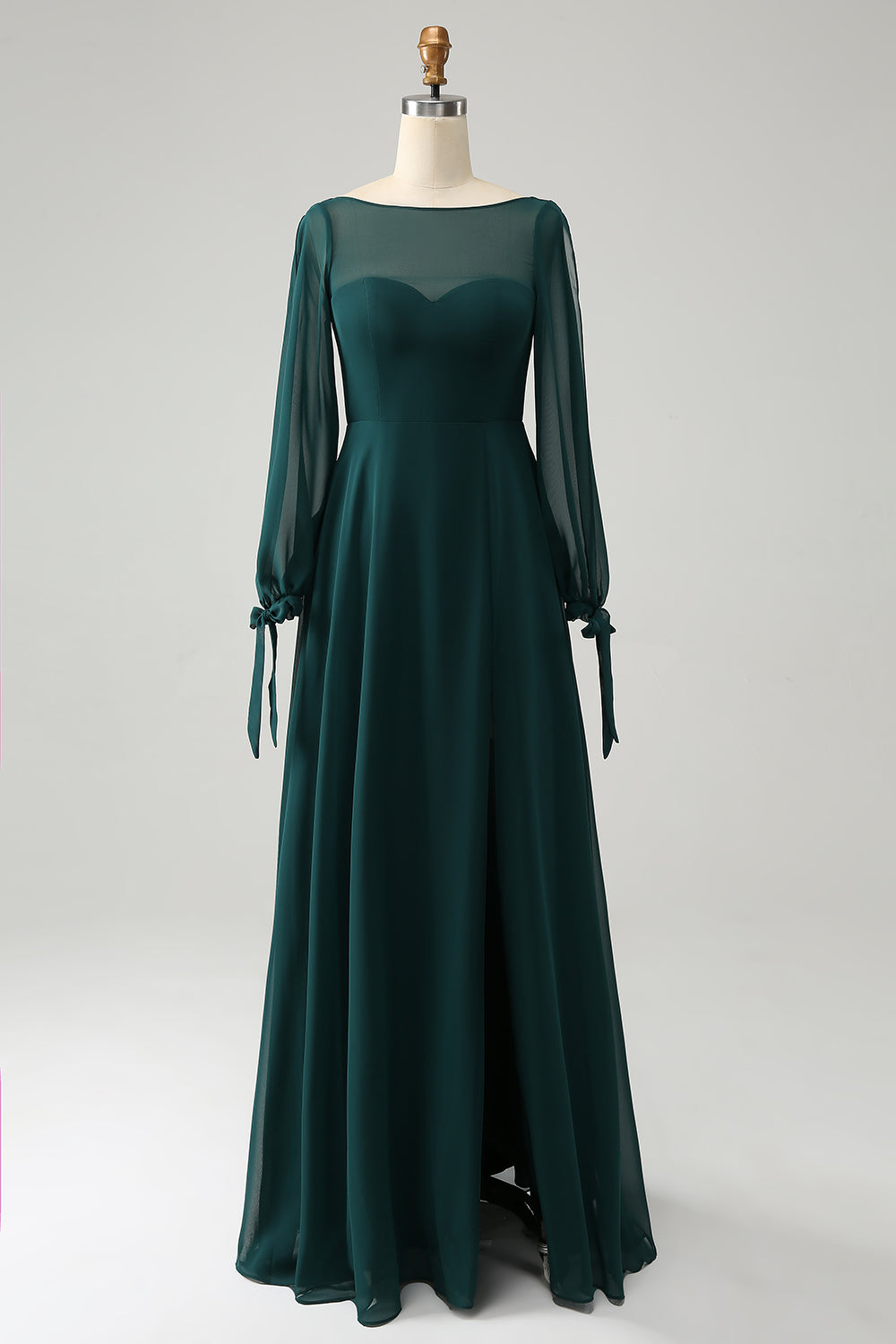 Dark Green A Line Bateau Neck Long Sleeves Chiffon Long Bridesmaid Dress with Slit