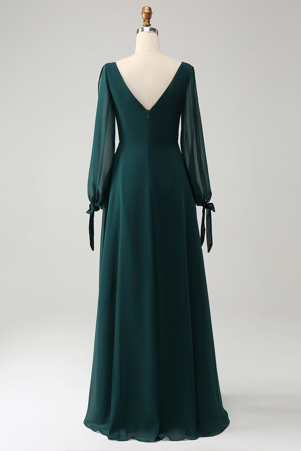 Dark Green A Line Bateau Neck Long Sleeves Chiffon Long Bridesmaid Dress with Slit