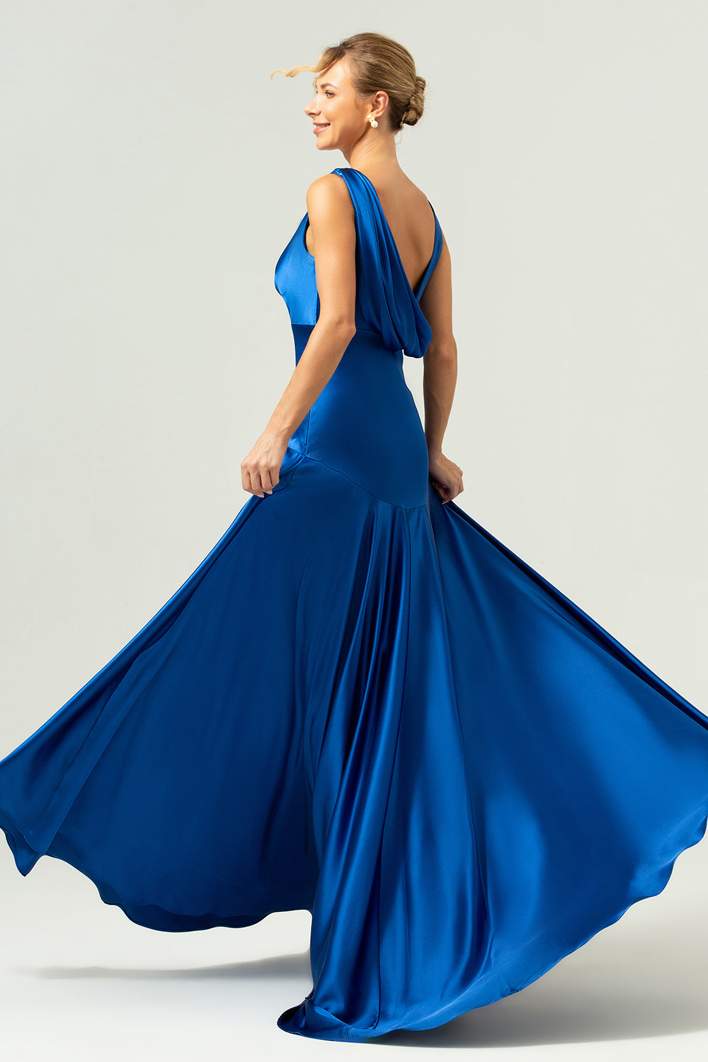 A Line V-Neck Satin Ruched Long Ink Blue Bridesmaid Dress with Slit