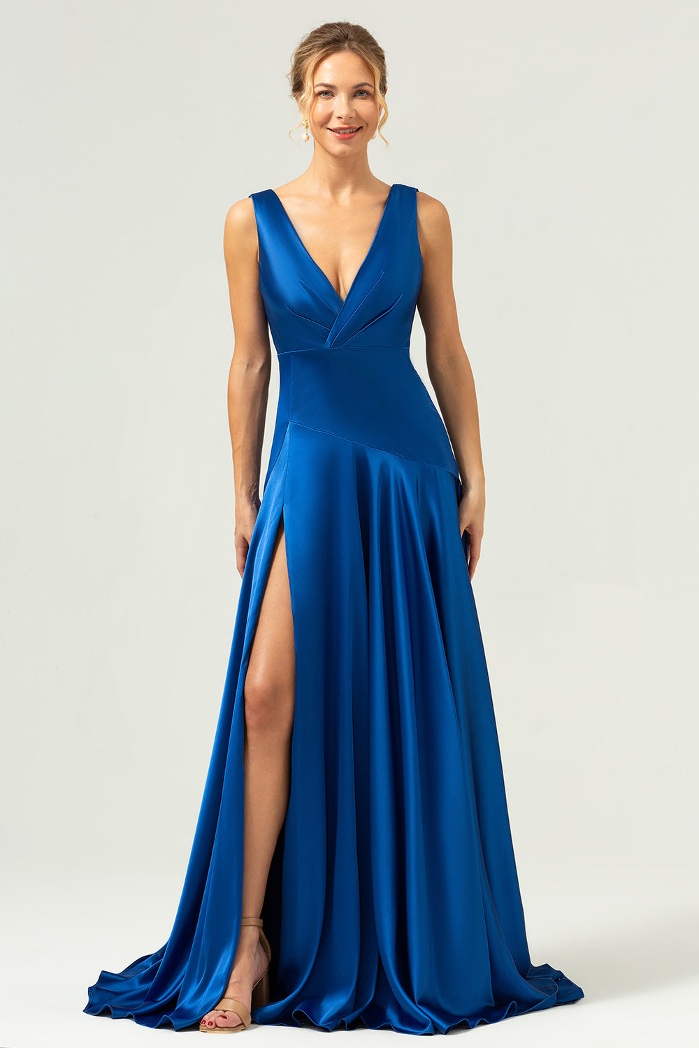 A Line V-Neck Satin Ruched Long Ink Blue Bridesmaid Dress with Slit