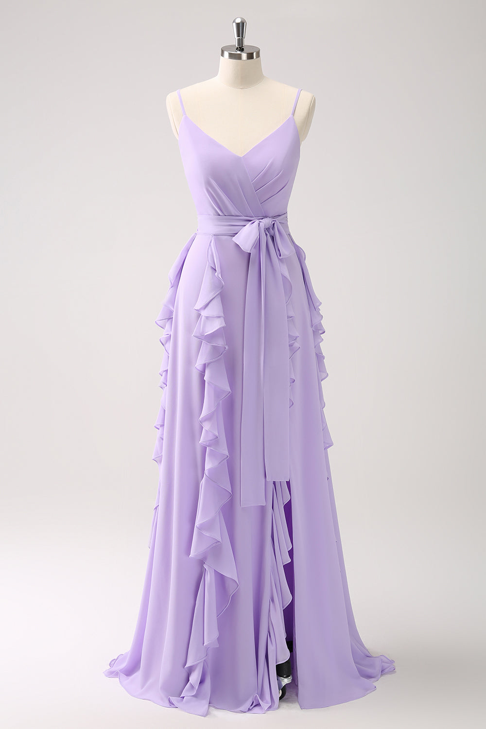 Lilac A Line Ruched Chiffon Ruffle Long Bridesmaid Dress with Slit