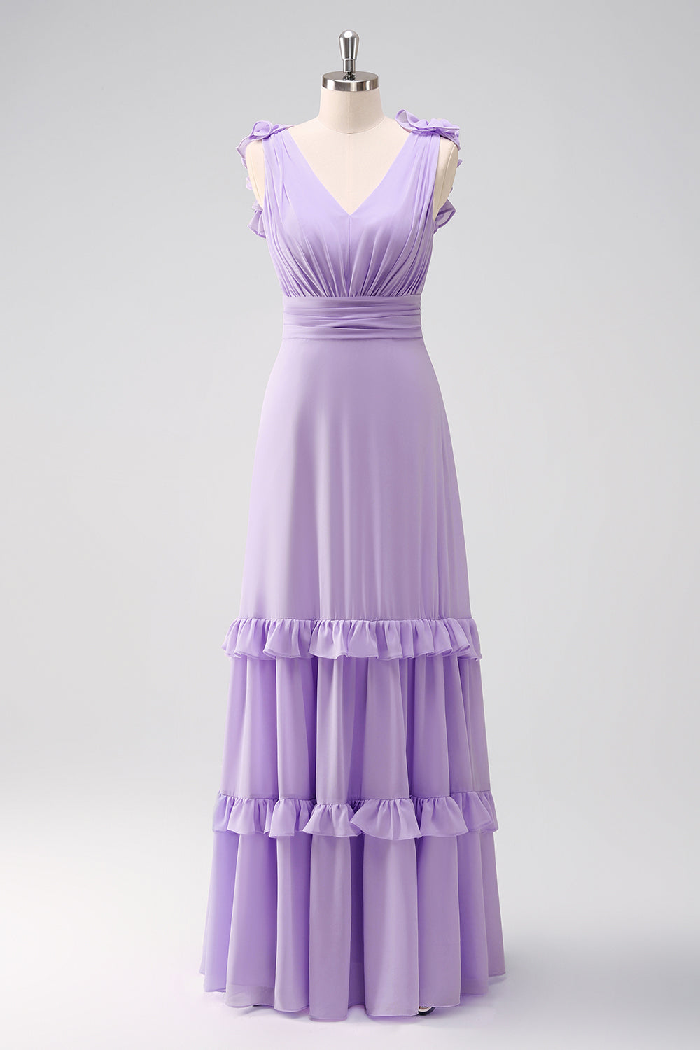 Lilac A Line V Neck Ruched Chiffon Long Bridesmaid Dress with Ruffles