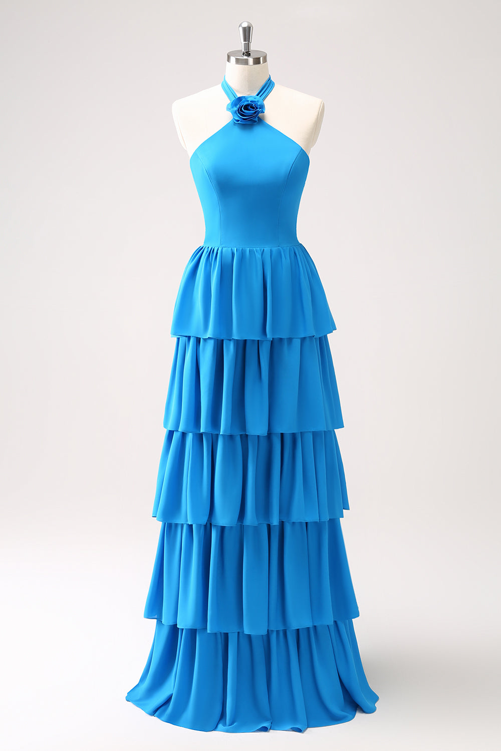 Blue A Line Halter Tiered Chiffon Long Bridesmaid Dress with Flower