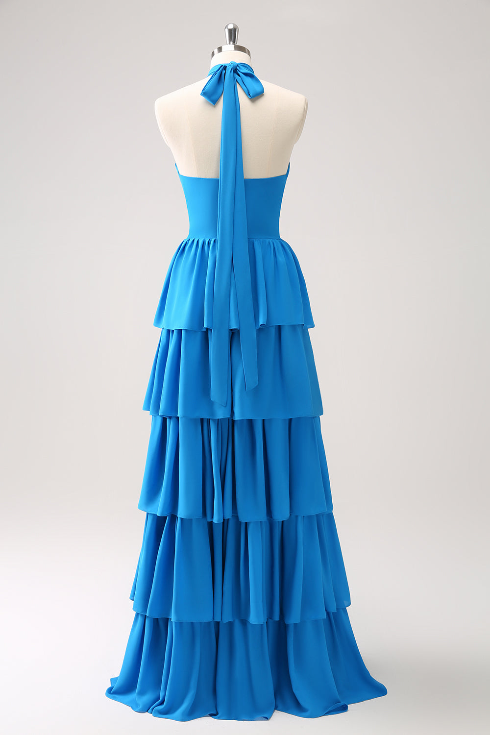 Blue A Line Halter Tiered Chiffon Long Bridesmaid Dress with Flower