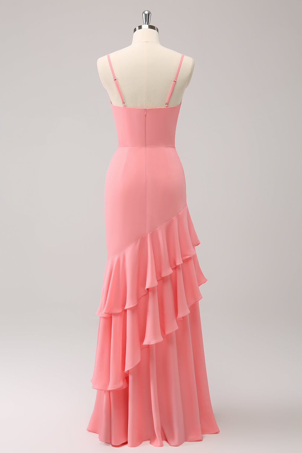 Pink Mermaid Spaghetti Straps Long Bridesmaid Dress with Ruffles