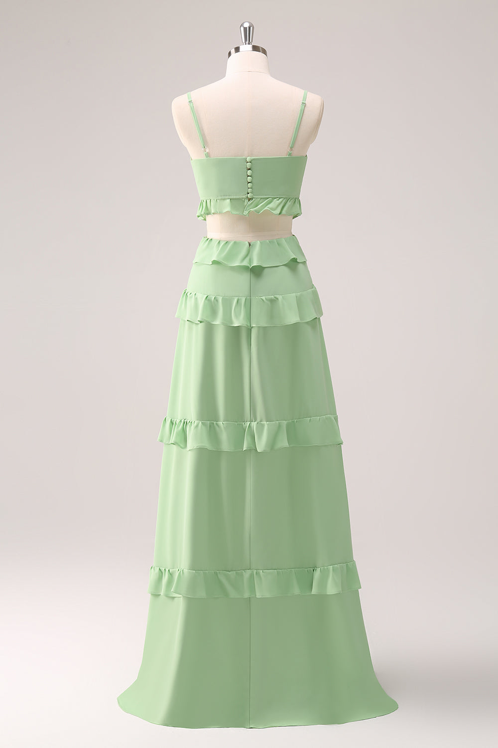 Light Green A Line Spaghetti Straps Hollow Out Long Bridesmaid Dress with Slit