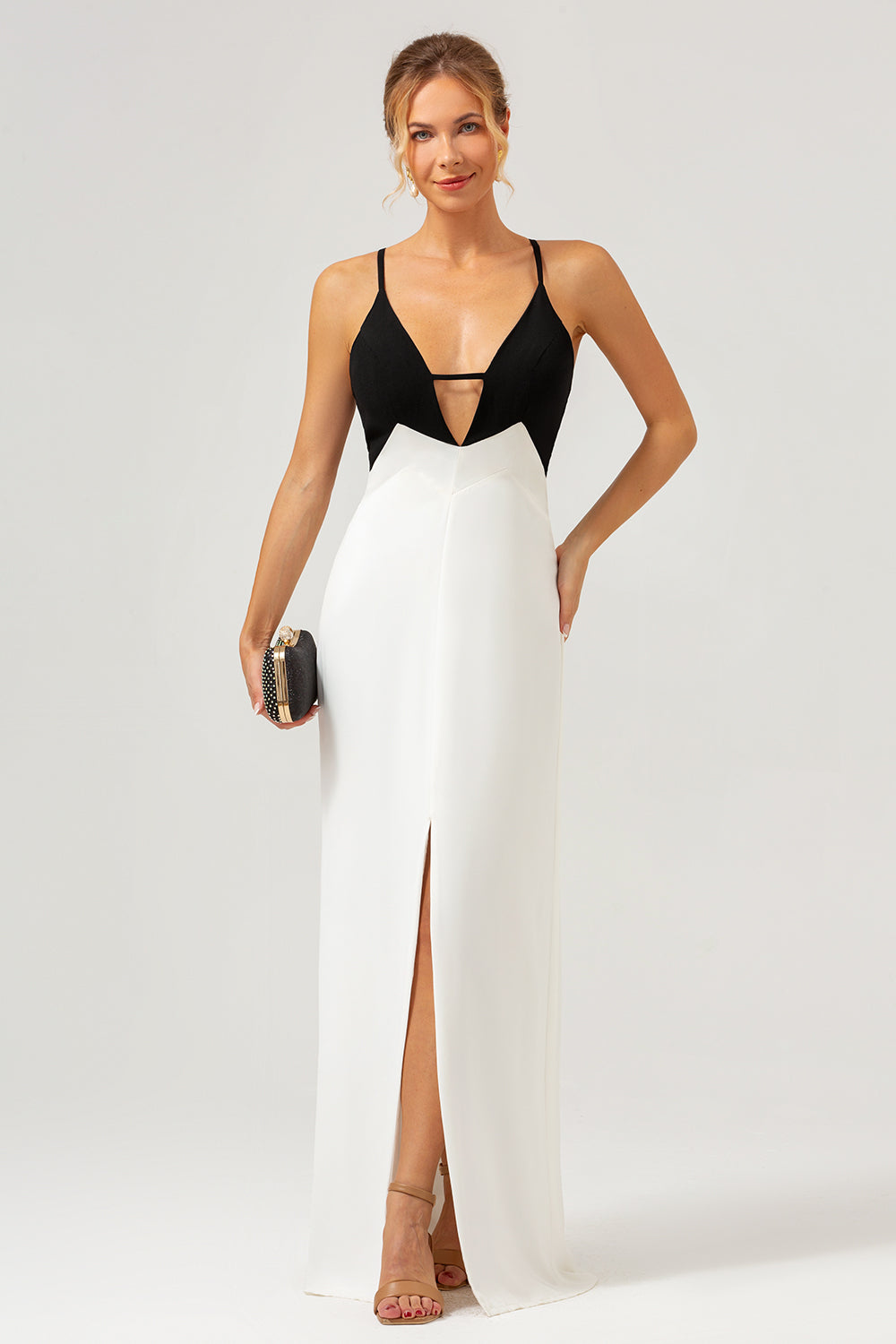 Black and White Sheath Spaghetti Straps Long Formal Dress With Front Split