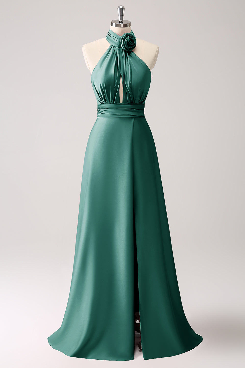 Dark Green A Line Halter Pleated Floral Satin Backless Long Prom Dress with Slit